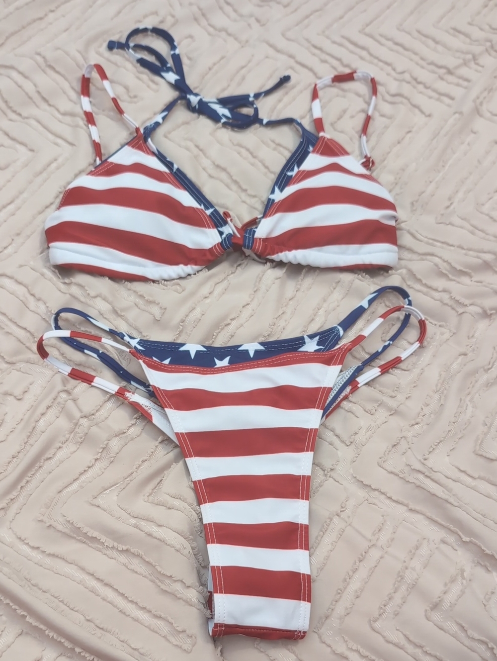 Never Worn! Striped Red & White Bikini with Double Layer Navy Star